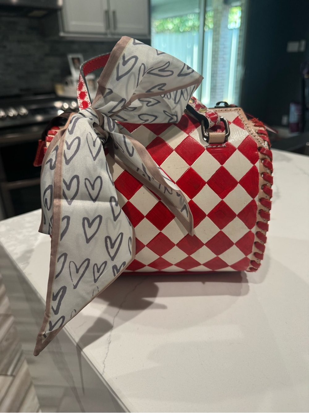 Red & White Checkered Speedy Bag with Crossbody Strap